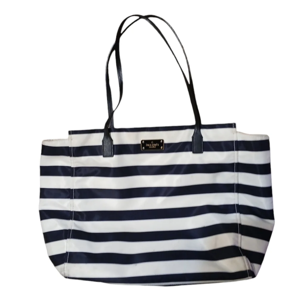 Kate Spade New York Black and White Striped Nylon Tote Shoulder Bag,